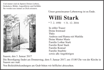 Traueranzeige von Willi Stark von Gießener Allgemeine, Alsfelder Allgemeine