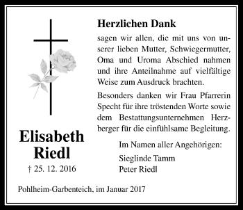 Traueranzeige von Elisabeth Riedl von Pohlheimer Nachrichten