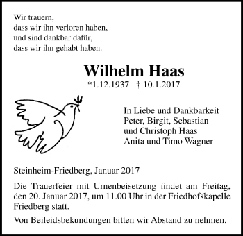 Traueranzeige von Wilhelm Haas von Wetterauer Zeitung, Wetterauer Zeitung