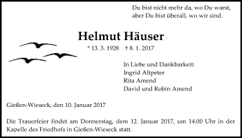Traueranzeige von Helmut Häuser von Gießener Allgemeine, Alsfelder Allgemeine
