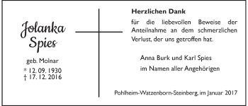 Traueranzeige von Jolanka Spies von Pohlheimer Nachrichten