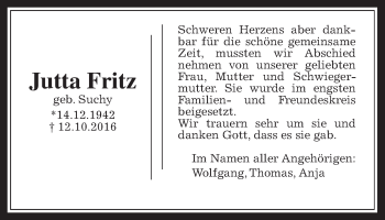 Traueranzeige von Jutta Fritz von Gießener Allgemeine, Alsfelder Allgemeine