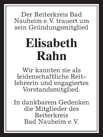 Traueranzeige von Elisabeth Rahn von Wetterauer Zeitung, Wetterauer Zeitung