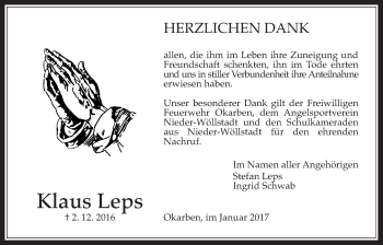 Traueranzeige von Klaus Leps von Wetterauer Zeitung, Wetterauer Zeitung