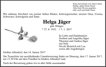 Traueranzeige von Helga Jäger von Gießener Allgemeine, Alsfelder Allgemeine