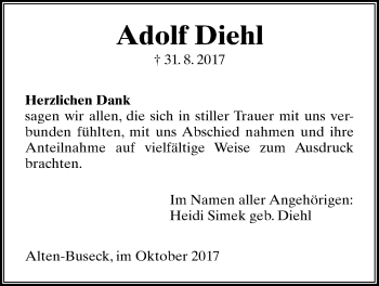 Traueranzeige von Adolf Diehl von Giessener Allgemeine, Alsfelder Allgemeine