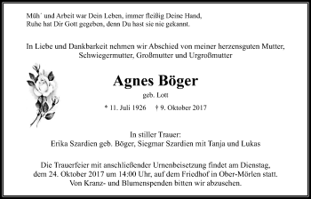 Traueranzeige von Agnes Böger von Wetterauer Zeitung, Wetterauer Zeitung