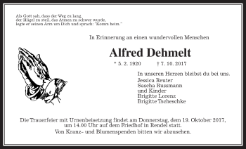 Traueranzeige von Alfred Dehmelt von Wetterauer Zeitung, Wetterauer Zeitung