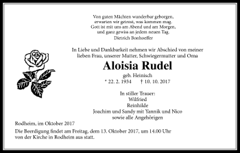 Traueranzeige von Aloisia Rudel von Licher Wochenblatt, Licher Wochenblatt, Licher Wochenblatt