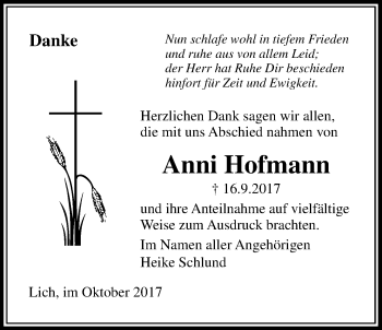 Traueranzeige von Anni Hofmann von Licher Wochenblatt, Licher Wochenblatt, Licher Wochenblatt