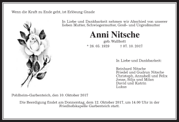 Traueranzeige von Anni Nitsche von Giessener Allgemeine, Alsfelder Allgemeine
