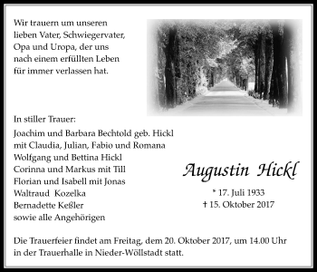 Traueranzeige von Augustin Hickl von Wetterauer Zeitung, Wetterauer Zeitung