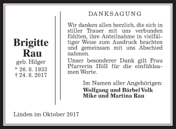 Traueranzeige von Brigitte Rau von Giessener Allgemeine, Alsfelder Allgemeine