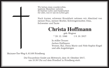 Traueranzeige von Christa Hoffmann von Wetterauer Zeitung, Wetterauer Zeitung