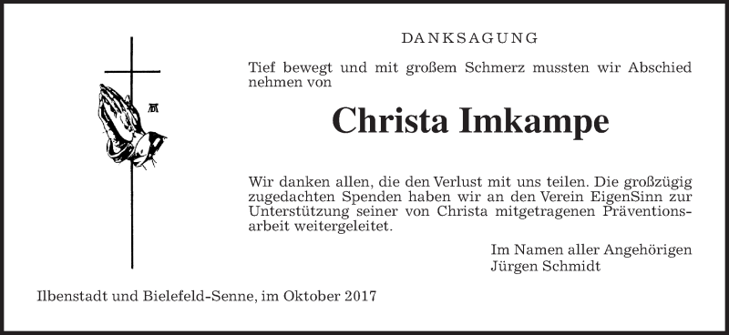  Traueranzeige für Christa Imkampe vom 28.10.2017 aus Wetterauer Zeitung, Wetterauer Zeitung