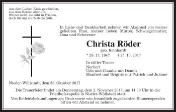 Traueranzeige von Christa Röder von Wetterauer Zeitung, Wetterauer Zeitung