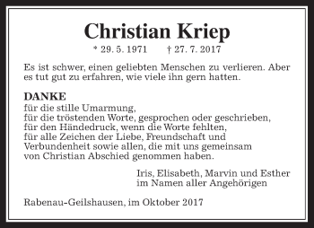 Traueranzeige von Christian Kriep von Giessener Allgemeine, Alsfelder Allgemeine