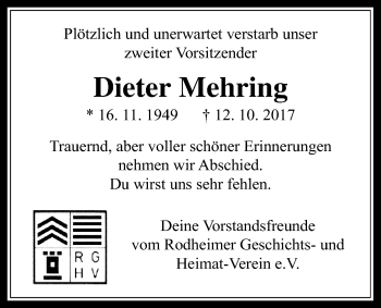 Traueranzeige von Dieter Mehring von Wetterauer Zeitung, Wetterauer Zeitung