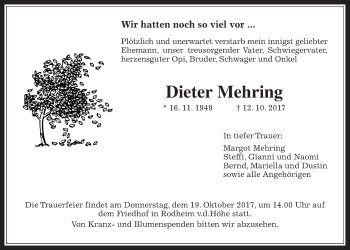 Traueranzeige von Dieter Mehring von Wetterauer Zeitung, Wetterauer Zeitung