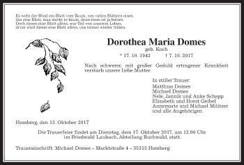 Traueranzeige von Dorothea Maria Domes von Alsfelder Allgemeine
