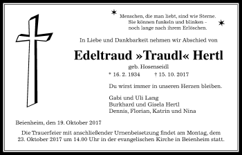 Traueranzeige von Edeltraud Hertl von Wetterauer Zeitung, Wetterauer Zeitung