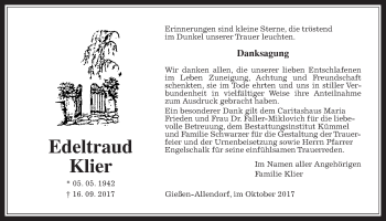 Traueranzeige von Edeltraud Klier von Giessener Allgemeine, Alsfelder Allgemeine