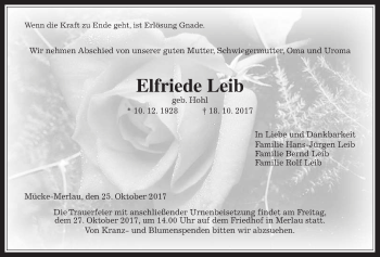 Traueranzeige von Elfriede Leib von Giessener Allgemeine, Alsfelder Allgemeine