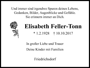 Traueranzeige von Elisabeth Feller-Tonn von Wetterauer Zeitung, Wetterauer Zeitung