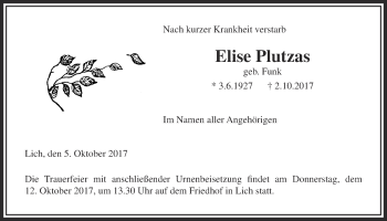Traueranzeige von Elise Plutzas von Licher Wochenblatt, Licher Wochenblatt, Licher Wochenblatt
