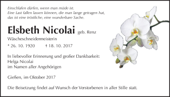 Traueranzeige von Elsbeth Nicolai von Giessener Allgemeine, Alsfelder Allgemeine