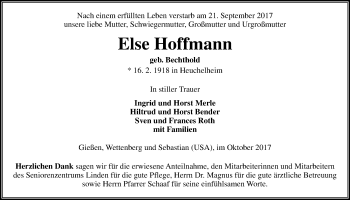 Traueranzeige von Else Hoffmann von Giessener Allgemeine, Alsfelder Allgemeine
