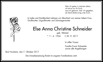Traueranzeige von Else Anna Christine Schneider von Wetterauer Zeitung, Wetterauer Zeitung