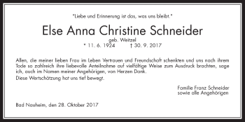 Traueranzeige von Else Anna Christine Schneider von Wetterauer Zeitung, Wetterauer Zeitung