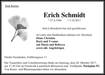 Traueranzeige von Erich Schmidt von Alsfelder Allgemeine