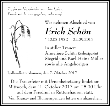 Traueranzeige von Erich Schön von Giessener Allgemeine, Alsfelder Allgemeine
