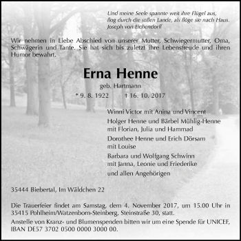 Traueranzeige von Erna Henne von Giessener Allgemeine, Alsfelder Allgemeine
