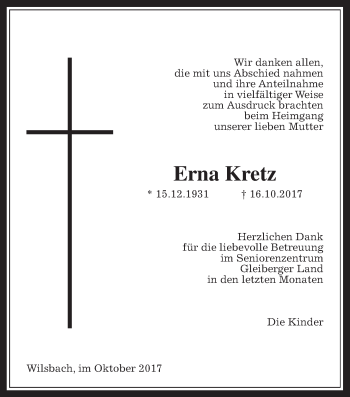Traueranzeige von Erna Kretz von Giessener Allgemeine, Alsfelder Allgemeine
