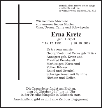 Traueranzeige von Erna Kretz von Giessener Allgemeine, Alsfelder Allgemeine
