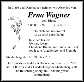 Traueranzeige von Erna Wagner von Giessener Allgemeine, Alsfelder Allgemeine