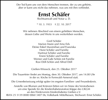 Traueranzeige von Ernst Schäfer von Giessener Allgemeine, Alsfelder Allgemeine