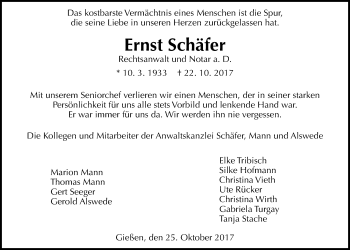 Traueranzeige von Ernst Schäfer von Giessener Allgemeine, Alsfelder Allgemeine
