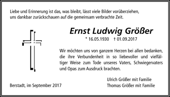 Traueranzeige von Ernst Ludwig Größer von Licher Wochenblatt, Licher Wochenblatt, Licher Wochenblatt