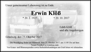 Traueranzeige von Erwin Klöß von Giessener Allgemeine, Alsfelder Allgemeine