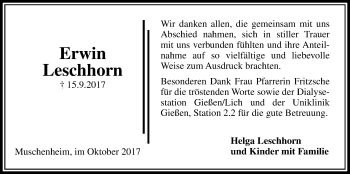 Traueranzeige von Erwin Leschhorn von Giessener Allgemeine, Alsfelder Allgemeine