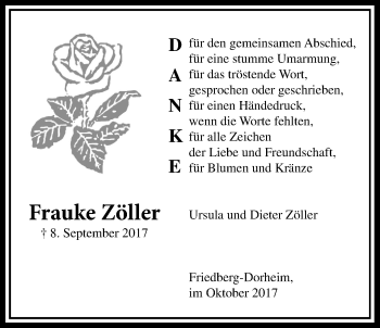 Traueranzeige von Frauke Zöller von Wetterauer Zeitung, Wetterauer Zeitung