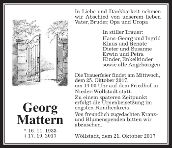 Traueranzeige von Georg Mattern von Wetterauer Zeitung, Wetterauer Zeitung