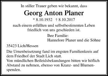 Traueranzeige von Georg Anton Planer von Licher Wochenblatt, Licher Wochenblatt, Licher Wochenblatt