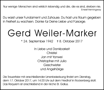 Traueranzeige von Gerd Weiler-Marker von Wetterauer Zeitung, Wetterauer Zeitung