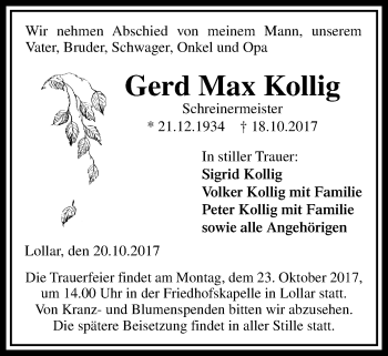 Traueranzeige von Gerd Max Kollig von Giessener Allgemeine, Alsfelder Allgemeine