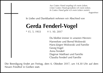 Traueranzeige von Gerda Fenderl-Vogel von Giessener Allgemeine, Alsfelder Allgemeine